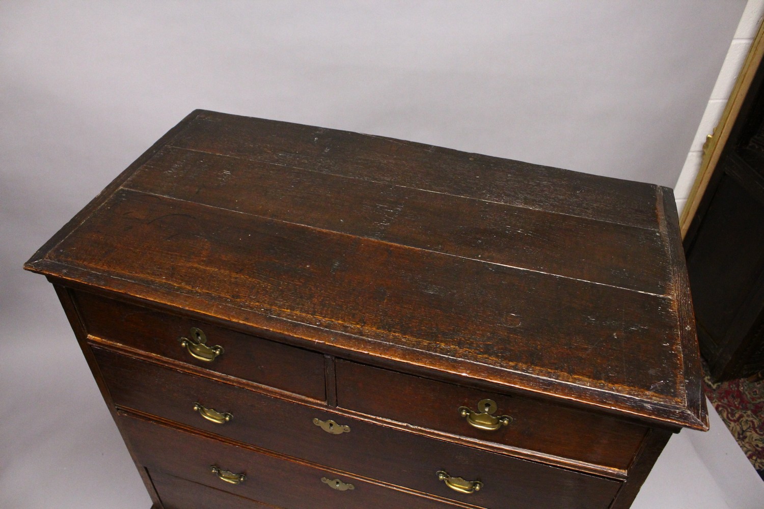 A GOOD 18TH CENTURY OAK CHEST ON STAND, the top with two short and three long graduated drawers with - Image 4 of 8