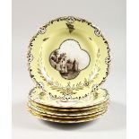 A SET OF SIX MEISSEN TYPE LIGHT YELLOW GROUND PLATES, with sepia scenes, buildings by the river.