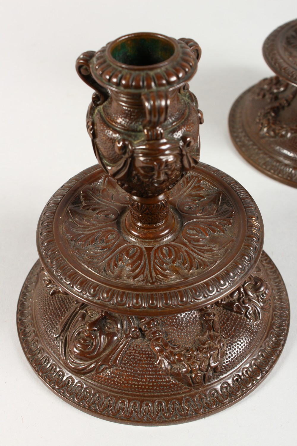 A GOOD PAIR OF ORNATE RENAISSANCE STYLE BRONZE CANDLESTICKS. 6ins high. - Image 3 of 7