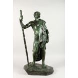 GEORGES COLIN (1876-1917) FRENCH A GREEN PATINATED BRONZE OF A SEMI CLAD MAN holding a staff, "LE