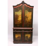 A GOOD 18TH CENTURY CONTINENTAL PAINTED PINE CORNER CUPBOARD, with a shaped and carved cornice,