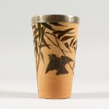 A GOOD DOULTON LAMBETH STONEWARE BEAKER by FLORENCE E. BARLOW decorated with birds. Maker F.E.B. No.