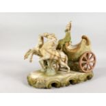 A BISQUE POTTERY GROUP, young lady with chariot and two horses. 12ins long.