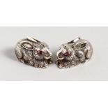 A GOOD PAIR OF HEAVY CAST SILVER NOVELTY RABBIT SALT AND PEPPERS.