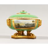 A FLIGHT, BARR & BARR WORCESTER GREEN GROUND CIRCULAR INKWELL, with white bead edge, painted with