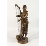 GEORGE CHARLES COUDRAY (1883-1932) FRENCH A SUPERB BRONZE OF A YOUNG LADY with a harp, on a circular
