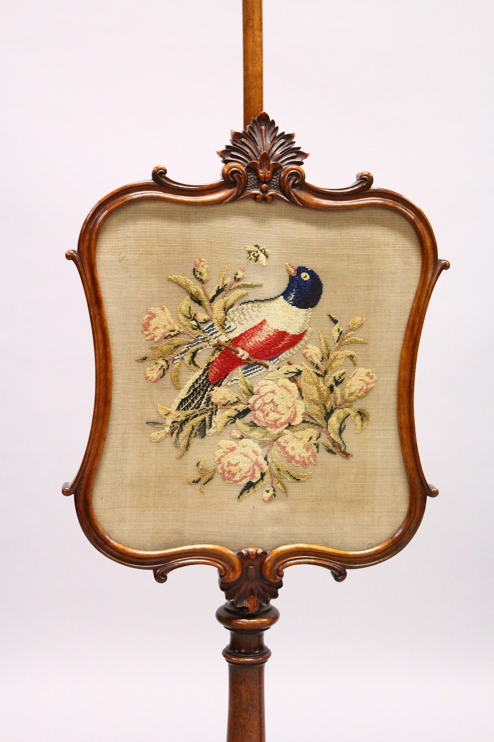 A GOOD PAIR OF VICTORIAN MAHOGANY POLE SCREENS, with Brussels needlework panels of birds, turned - Image 2 of 8