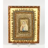 MATER DECOROSA, A 19TH CENTURY METAL THREAD AND PAINTED PICTURE, in a carved gilt wood frame. 10.