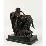 A GOOD BRONZE OF A YOUNG CLASSICAL LADY, sitting in a chair, on a marble base. 13ins high.