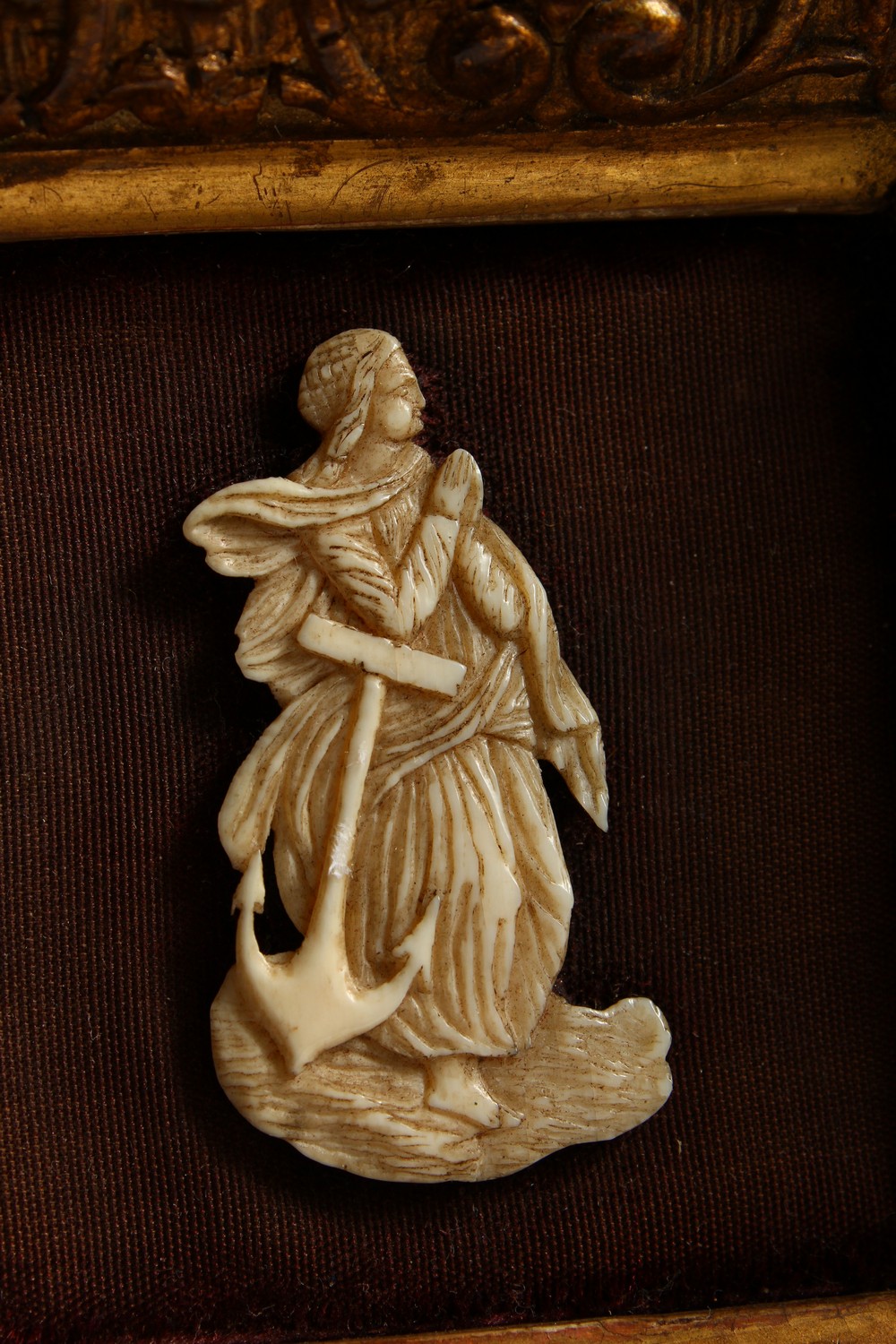 A 19TH CENTURY IVORY FIGURE ON STAND, possibly St Anne; together with a small ivory in a gilt frame. - Image 3 of 7