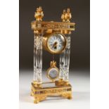 A VERY GOOD FRENCH CRYSTAL AND ORMOLU COLUMN CLOCK, with drum movement with blue and white Roman