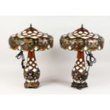 A GOOD PAIR OF TIFFANY DESIGN MULTI-COLOUR LAMPS. 22ins high.