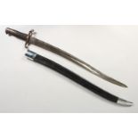 AN ARTILLERY BAYONET, with yataghan blade, chequered leather grip, replaced scabbard. 29.75ins.