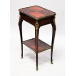 A SMALL LATE 19TH CENTURY FRENCH MAHOGANY AND ORMOLU TABLE, with a drawer to one end, on slender