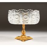 A GOOD CUT GLASS CIRCULAR PEDESTAL BOWL, on a triangular ormolu base. 6ins diameter.