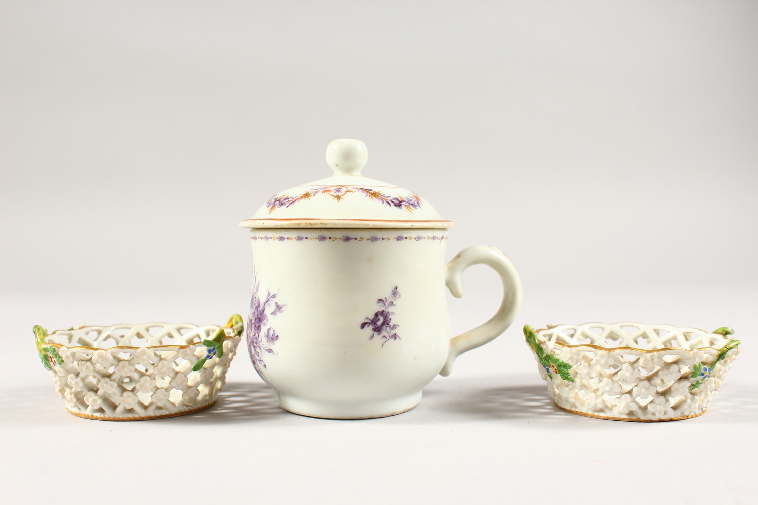 A CUP AND COVER, wit pink decoration and A TINY PAIR OF MEISSEN LATTICE BASKETS, 2.5ins. - Image 2 of 11