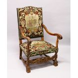A 19TH CENTURY CARVED BEECH FRAMED ARMCHAIR, with tapestry upholstery.