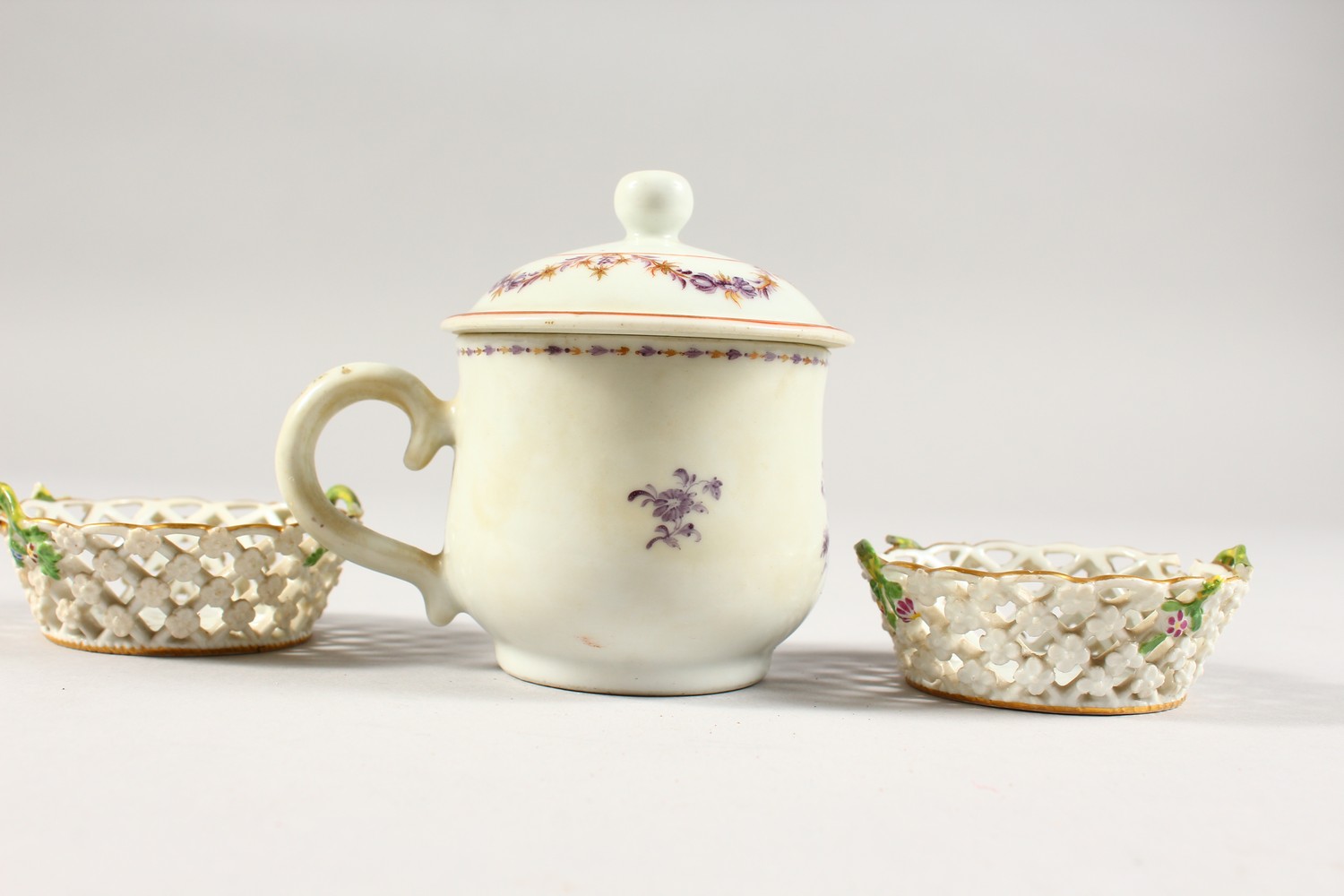 A CUP AND COVER, wit pink decoration and A TINY PAIR OF MEISSEN LATTICE BASKETS, 2.5ins. - Image 4 of 11