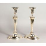 A GOOD PAIR OF FLUTED CANDLESTICKS, on oval batwing bases. 12ins high. Birmingham 1966.