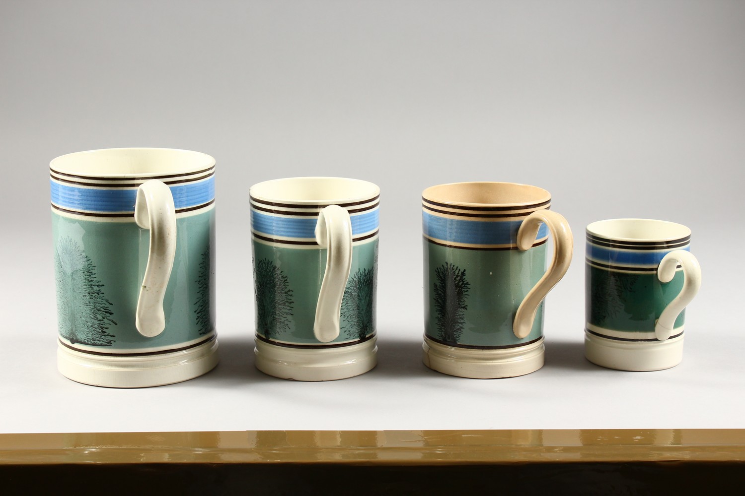 FOUR 19TH CENTURY MOCHA WARE TANKARDS, half pint, 2 x pint and a quart. - Image 10 of 20