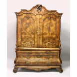 A GOOD 18TH CENTURY FRENCH OAK PRESS CUPBOARD, with a carved and moulded cornice, two panelled