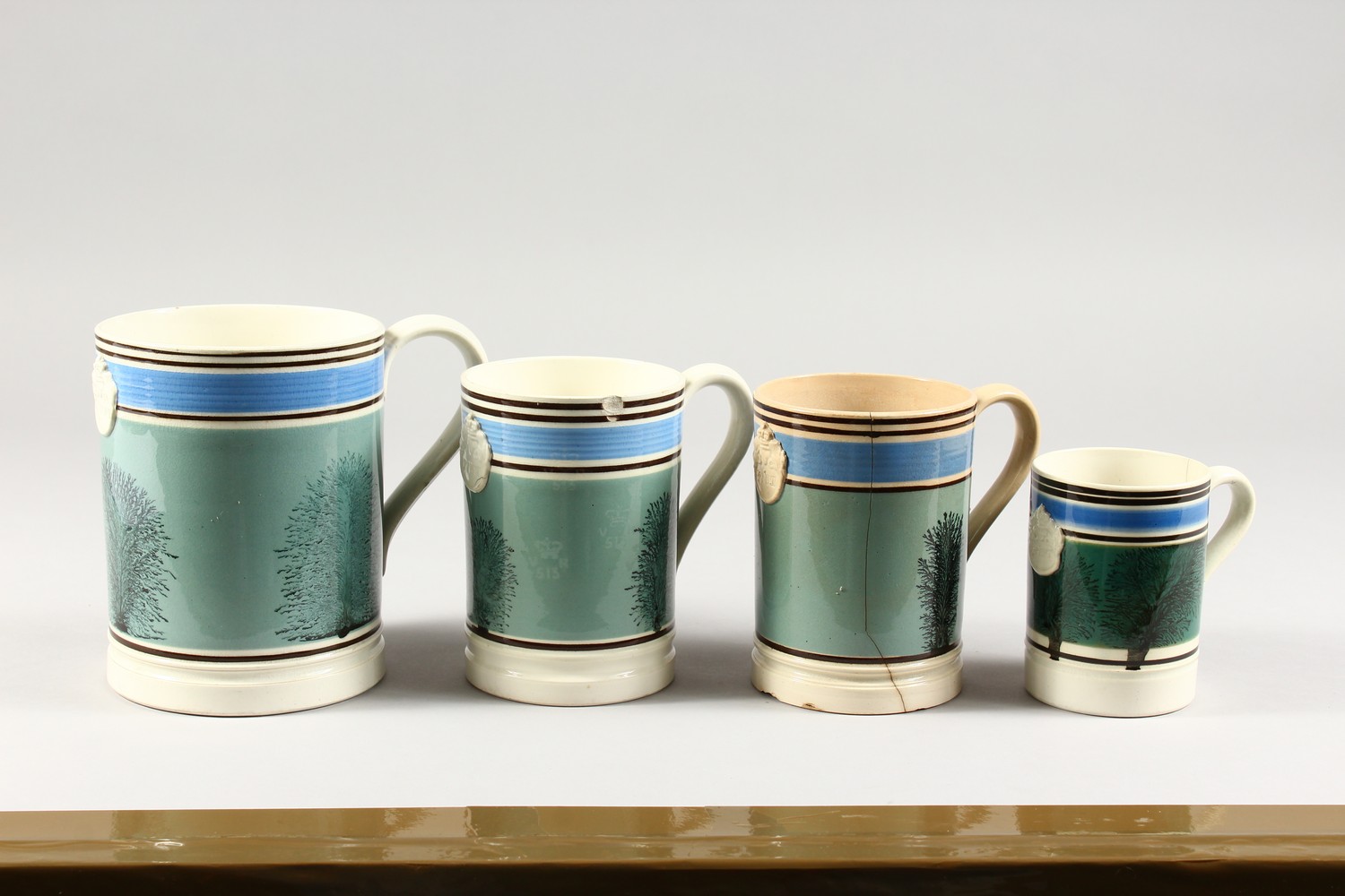 FOUR 19TH CENTURY MOCHA WARE TANKARDS, half pint, 2 x pint and a quart. - Image 6 of 20