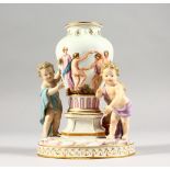 A GOOD MEISSEN URN SHAPED VASE, with three cupids, with classical figures in relief. 6ins high.