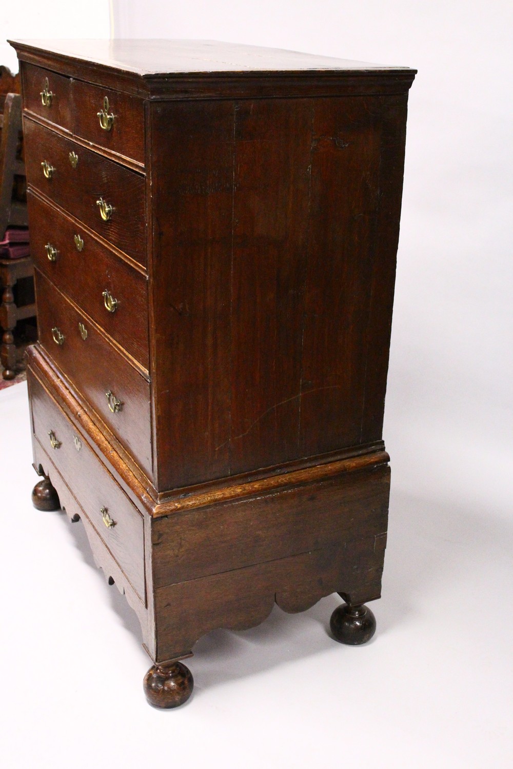 A GOOD 18TH CENTURY OAK CHEST ON STAND, the top with two short and three long graduated drawers with - Image 2 of 8