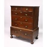 A GOOD 18TH CENTURY OAK CHEST ON STAND, the top with two short and three long graduated drawers with
