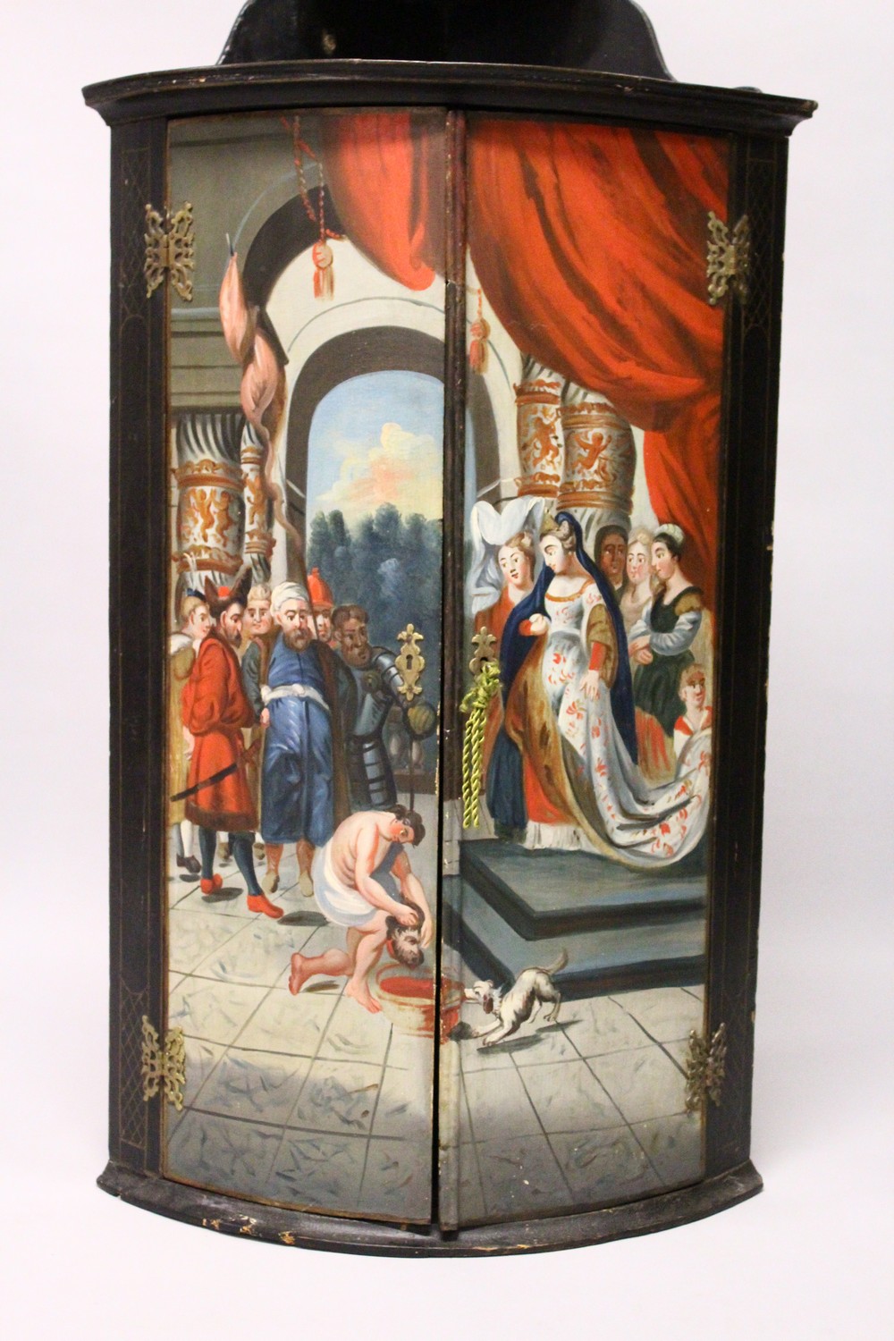 AN 18TH CENTURY CONTINENTAL PAINTED PINE HANGING BOWFRONT CORNER CUPBOARD, painted with figures in a - Image 2 of 9