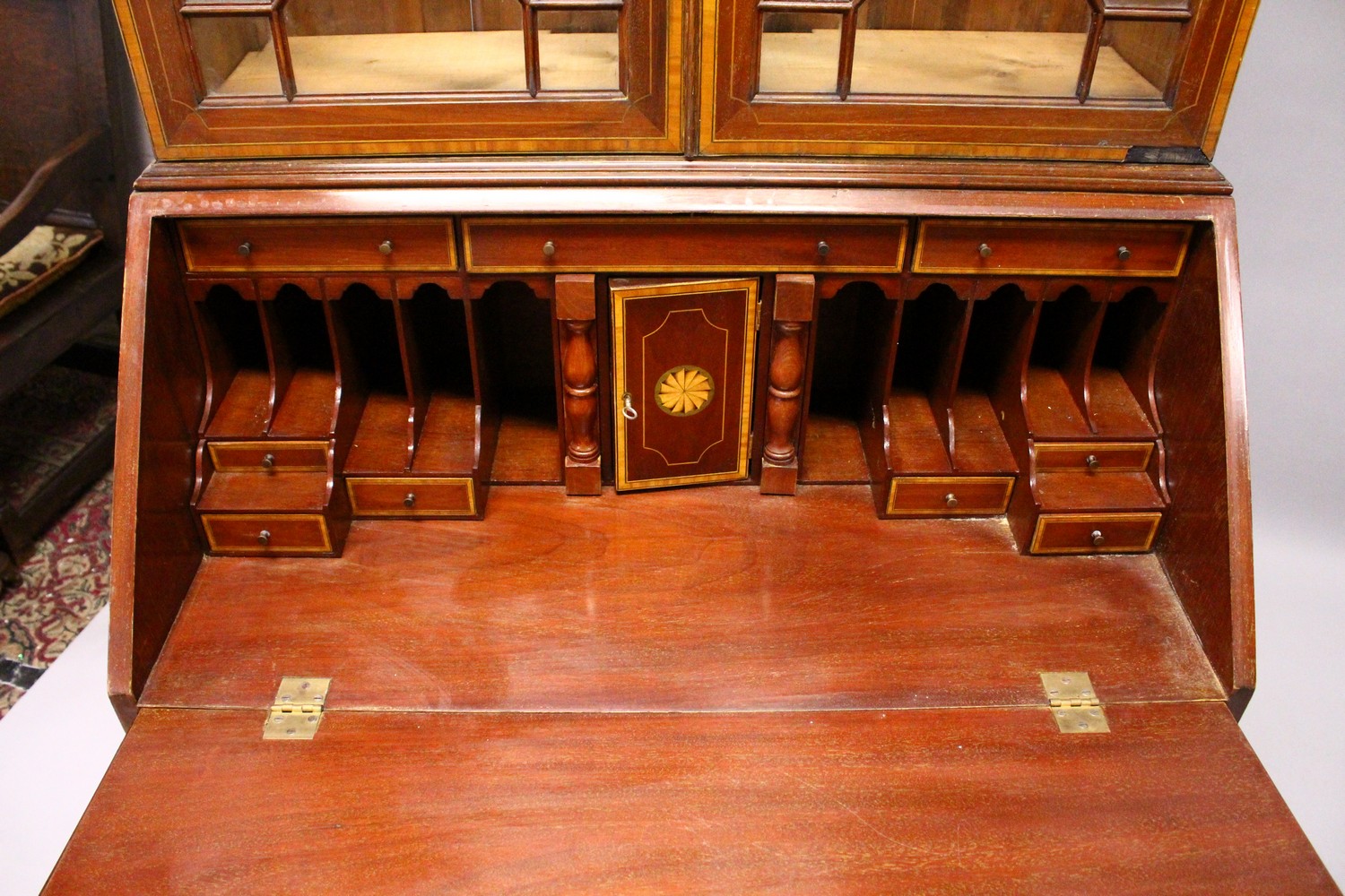 AN EDWARDIAN MAHOGANY AND SATINWOOD INLAID BUREAU BOOKCASE, with swan neck pediment, pair of - Image 4 of 6