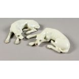 A PAIR OF MEISSEN WHITE PORCELAIN RECLINING DOGS. Mark in blue. 5ins long.