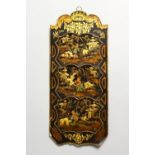 A CHINOISERIE DECORATED BLACK LACQUER CARD LETTER HOLDER. 10.5ins high.