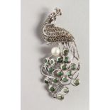 AN EMERALD AND PEARL PEACOCK BROOCH.