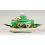 A SEVRES APPLE GREEN OVAL TUREEN, COVER AND STAND, edged in gilt and painted with flowers. Sevres