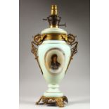 A VICTORIAN GLASS PORTRAIT TWO-HANDLED LAMP. 22ins high.