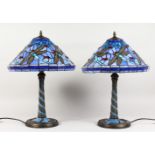 A GOOD PAIR OF TIFFANY DESIGN BLUE DRAGONFLY LAMPS. 20ins high.