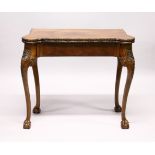 A GEORGE II DESIGN MAHOGANY FOLD-OVER TOP CARD TABLE, with carved edges, green baize cover and