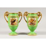 A GOOD PAIR OF SPODE TWO-HANDLED URNS, apple green with white bead work and painted with birds,
