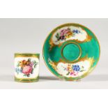 A GOOD SEVRES CUP AND SAUCER, painted with flowers and fruit. Sevres mark.