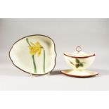 A POSSIBLY SHORTHOUSE LEAF SHAPED BOTANICAL DISH, "Great Daffodil", 8.5ins long, and a TUREEN WITH