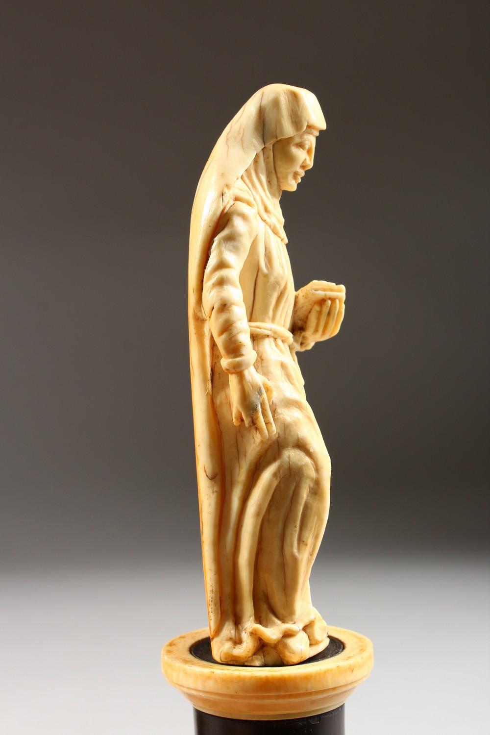 A 19TH CENTURY IVORY FIGURE ON STAND, possibly St Anne; together with a small ivory in a gilt frame. - Image 5 of 7