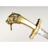 A BAND SWORD, plain double edged blade, brass hilt with lions head pommel, 27ins, 19th Century.