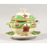 A CHAMBERLAINS WORCESTER OVAL TUREEN, COVER AND STAND, with apple green ground, painted with flowers