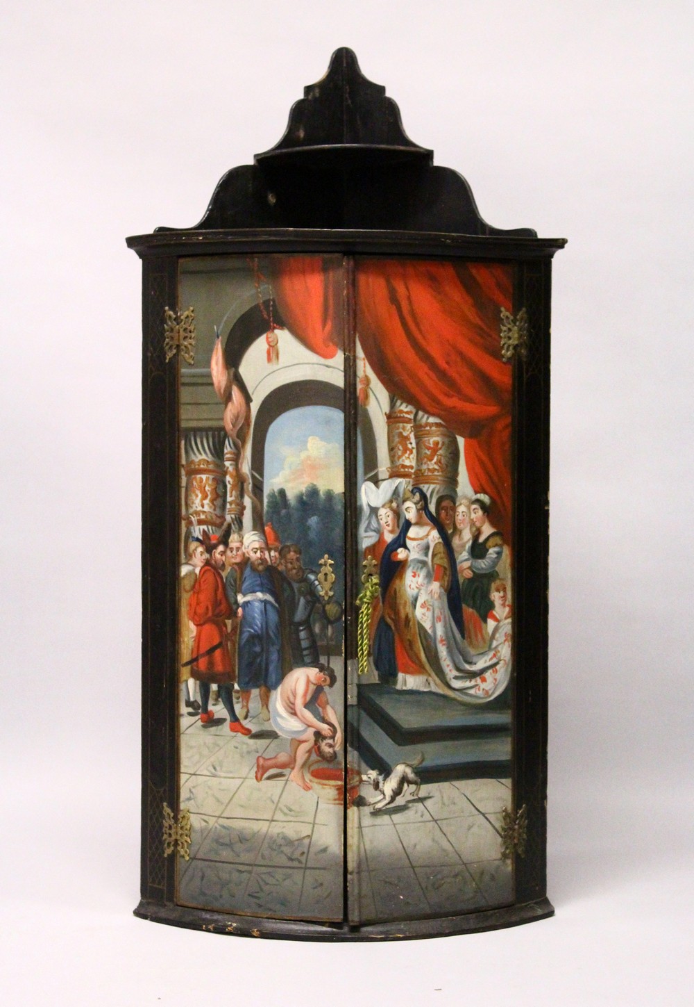 AN 18TH CENTURY CONTINENTAL PAINTED PINE HANGING BOWFRONT CORNER CUPBOARD, painted with figures in a