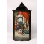 AN 18TH CENTURY CONTINENTAL PAINTED PINE HANGING BOWFRONT CORNER CUPBOARD, painted with figures in a