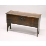 A PLAIN EARLY 18TH CENTURY ELM PLANK COFFER, with rising top and iron lock. 2ft 11ins wide x 1ft