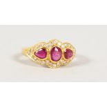 A SMALL 18CT GOLD, RUBY AND DIAMOND RING.
