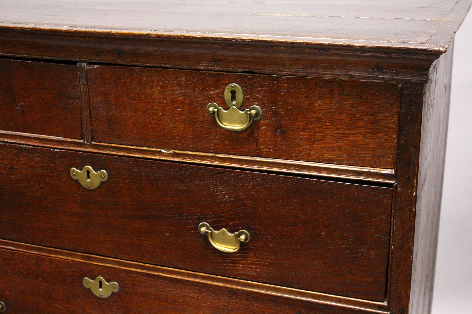 A GOOD 18TH CENTURY OAK CHEST ON STAND, the top with two short and three long graduated drawers with - Image 5 of 8