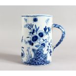 A DELFT STYLE BLUE AND WHITE TIN GLAZED TANKARD, painted with Masonic symbols, birds, insects and